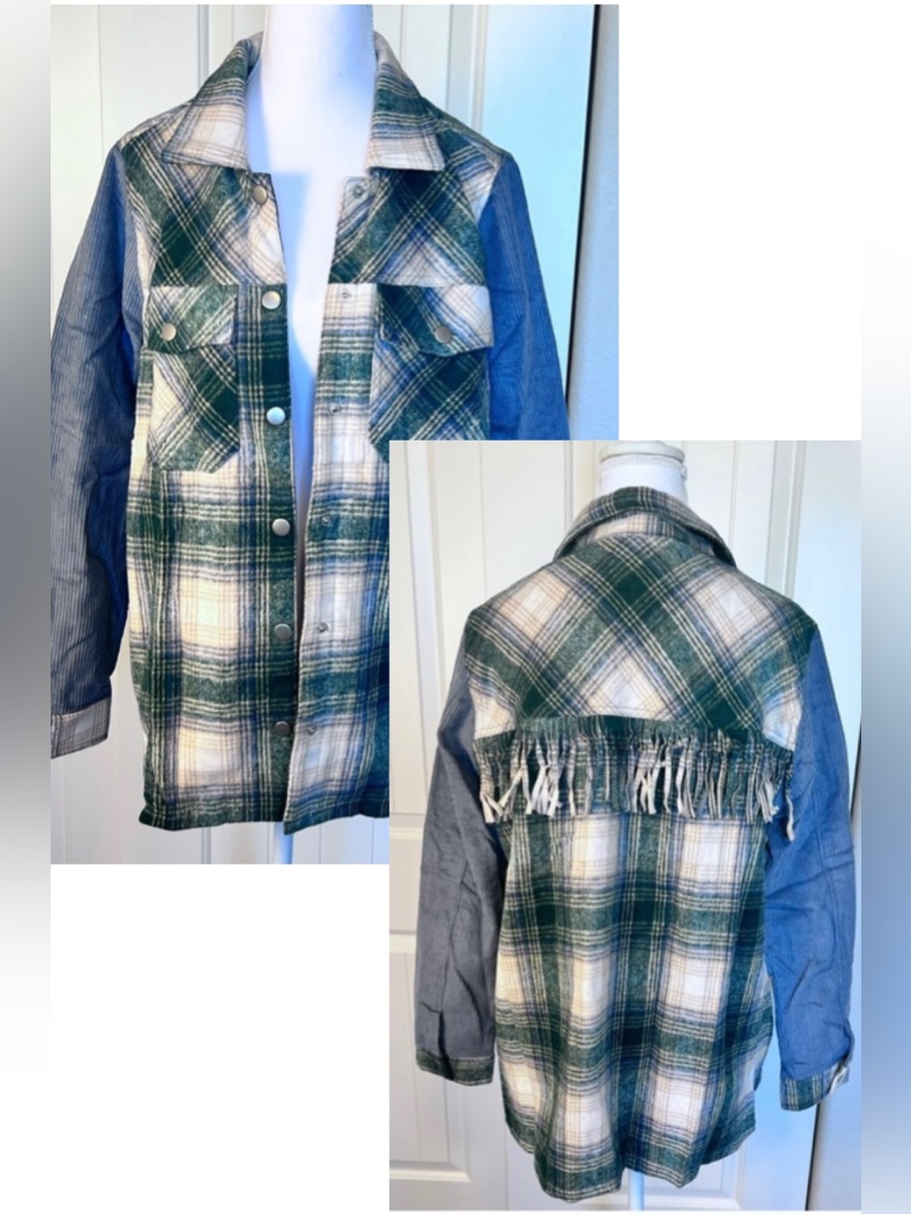 Umgee Shacket Fringe Back Corduroy Sleeve Snap Closure NWT Flap Pockets Sz Small